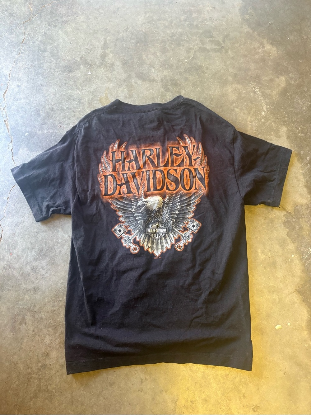 Harley-Davidson Black Tee with Orange and Gray Eagle Graphic
